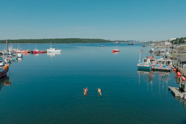 Aerial view of kayakers paddling through a Nova Scotia fishing harbour featured in Oceanfront Property Hunt